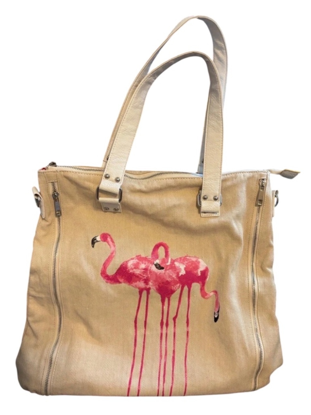 ICING Pink Flamingo Print  Beige Canvas Tote